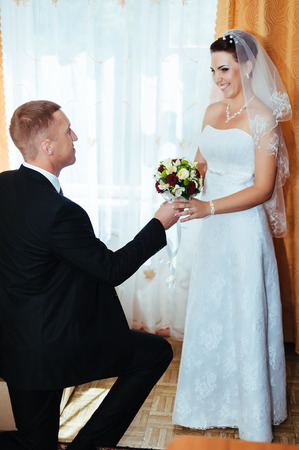 wedding couple. first meeting of bride and groom.の写真素材
