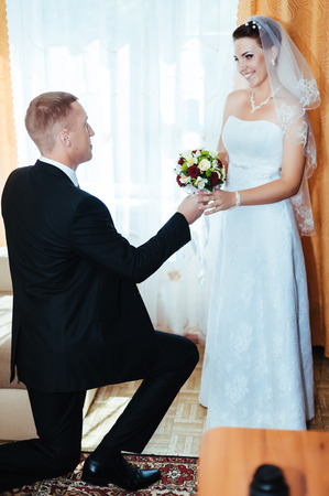 wedding couple. first meeting of bride and groom.の写真素材
