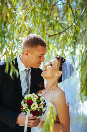 Bride and Groom at wedding Day walking Outdoors on spring nature. Bridal couple, Happy Newlywed woman and man embracing in green park. Loving wedding couple outdoor. Wedding shot of bride and groom in parkの写真素材