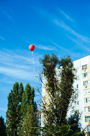 Red party balloon rising up in the air over blue sky.の写真素材