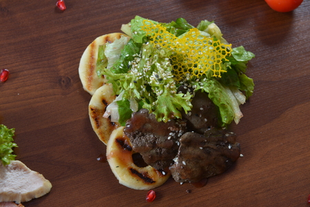 Gourmet Restaurant Food - Delicious Smoked meat, fish and Vegetable Salads. Luxury Appetizer Restaurant Foodの写真素材