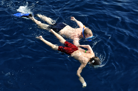 Young boy snorkel swim with big adult green sea turtle chelonia mydas in exotic tropics paradise. Marsa Alam, Egypt. Summer holiday vacation conceptの写真素材