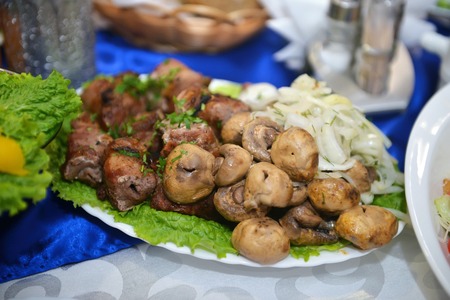 Different appetizer and anti pasti. Fresh tasty seafood served on table. Top view. Close-up.の写真素材