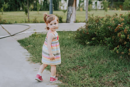 Cute little girl playing in sunny summer park. Toddler kid playing with a flowers. Kids play...