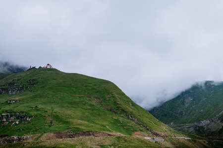summer mountains green grass and blue sky landscape. mountain panoramaの写真素材