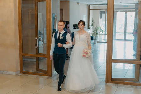 Bride and groom at wedding ceremony. Two lovers hearts on the wedding ceremonyの写真素材