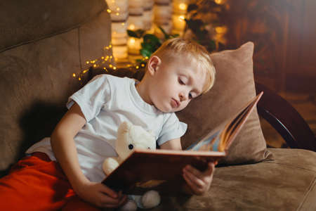 3-4 years old boy is reading a book sitting on a sofa with teddy bear. Home reading of fairy tales. Cute little boy is reading book while sitting on a sofa. Child reads a book to his best bear friend.の写真素材