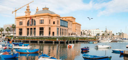 BARI, ITALY NOVEMBER 07 2018: Panorama of 5 shots. Sea view of Theater Margherita theater in downtown of Bari, the capital city of the Metropolitan City of Bari, Puglia, Italyのeditorial素材