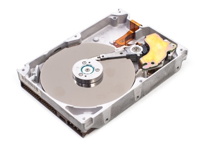 real open hard drive isolated on white Background