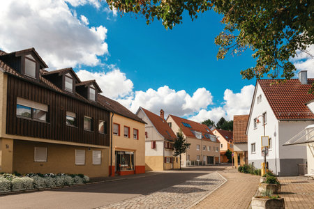 Traditional small house with beautiful outdoor decor facade in Germany. German old brick building house ancient European city German architectの写真素材