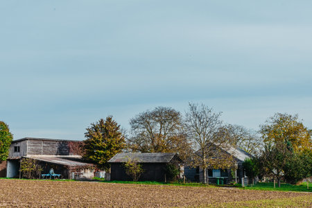 Rural farm in autumn season. Farm in autumn season. Countryside farm house. Farm in autumn scene. Rural scene with houses at the field under cloudy sky in `October. Field in first plan.の写真素材
