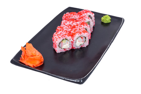 Japanese seafood Sushi roll isolated on white close up. Japanese food restaurant, sushi maki gunkan roll plate or platter set. Maki Sushi rolls with salmon and avocado. Sushi isolated at white background. flat lay. Japanese Cuisine - Sushi Roll with Shrimps and Conger, Avocado, Tobiko and Cheese. sushi rolls tempura,japanese food style ,Traditional Japanese cuisine, Crunchy Shrimp Tempura Rollの写真素材