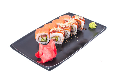 Japanese seafood Sushi roll isolated on white close up. Japanese food restaurant, sushi maki gunkan roll plate or platter set. Maki Sushi rolls with salmon and avocado. Sushi isolated at white background. flat lay. Japanese Cuisine - Sushi Roll with Shrimps and Conger, Avocado, Tobiko and Cheese. sushi rolls tempura,japanese food style ,Traditional Japanese cuisine, Crunchy Shrimp Tempura Rollの写真素材