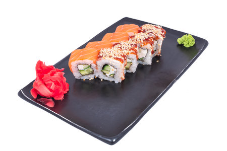 Japanese seafood Sushi roll isolated on white close up. Japanese food restaurant, sushi maki gunkan roll plate or platter set. Maki Sushi rolls with salmon and avocado. Sushi isolated at white background. flat lay. Japanese Cuisine - Sushi Roll with Shrimps and Conger, Avocado, Tobiko and Cheese. sushi rolls tempura,japanese food style ,Traditional Japanese cuisine, Crunchy Shrimp Tempura Rollの写真素材