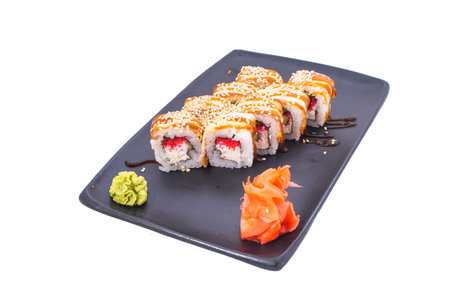Japanese seafood Sushi roll isolated on white close up. Japanese food restaurant, sushi maki gunkan roll plate or platter set. Maki Sushi rolls with salmon and avocado. Sushi isolated at white background. flat lay. Japanese Cuisine - Sushi Roll with Shrimps and Conger, Avocado, Tobiko and Cheese. sushi rolls tempura,japanese food style ,Traditional Japanese cuisine, Crunchy Shrimp Tempura Rollの写真素材
