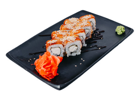 Japanese seafood Sushi roll isolated on white close up. Japanese food restaurant, sushi maki gunkan roll plate or platter set. Maki Sushi rolls with salmon and avocado. Sushi isolated at white background. flat lay. Japanese Cuisine - Sushi Roll with Shrimps and Conger, Avocado, Tobiko and Cheese. sushi rolls tempura,japanese food style ,Traditional Japanese cuisine, Crunchy Shrimp Tempura Rollの写真素材