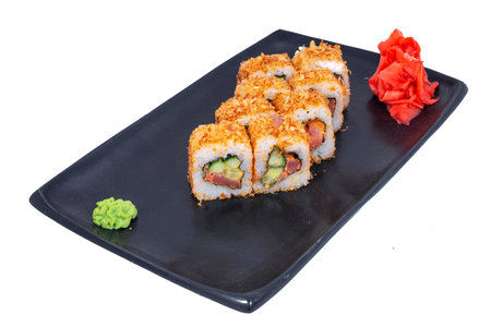 Japanese seafood Sushi roll isolated on white close up. Japanese food restaurant, sushi maki gunkan roll plate or platter set. Maki Sushi rolls with salmon and avocado. Sushi isolated at white background. flat lay. Japanese Cuisine - Sushi Roll with Shrimps and Conger, Avocado, Tobiko and Cheese. sushi rolls tempura,japanese food style ,Traditional Japanese cuisine, Crunchy Shrimp Tempura Rollの写真素材