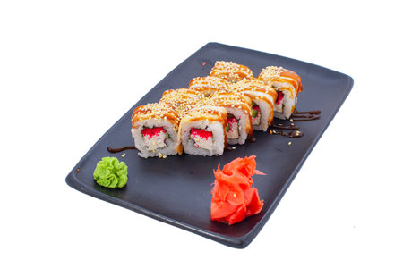 Japanese seafood Sushi roll isolated on white close up. Japanese food restaurant, sushi maki gunkan roll plate or platter set. Maki Sushi rolls with salmon and avocado. Sushi isolated at white background. flat lay. Japanese Cuisine - Sushi Roll with Shrimps and Conger, Avocado, Tobiko and Cheese. sushi rolls tempura,japanese food style ,Traditional Japanese cuisine, Crunchy Shrimp Tempura Rollの写真素材