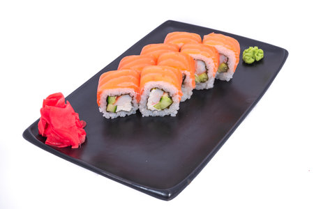 Japanese seafood Sushi roll isolated on white close up. Japanese food restaurant, sushi maki gunkan roll plate or platter set. Maki Sushi rolls with salmon and avocado. Sushi isolated at white background. flat lay. Japanese Cuisine - Sushi Roll with Shrimps and Conger, Avocado, Tobiko and Cheese. sushi rolls tempura,japanese food style ,Traditional Japanese cuisine, Crunchy Shrimp Tempura Rollの写真素材