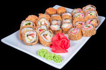 Japanese Cuisine - Sushi Roll with Shrimps and Conger, Avocado, Tobiko and Cheese. sushi rolls tempura,japanese food style ,Traditional Japanese cuisine, Crunchy Shrimp Tempura Rollの写真素材