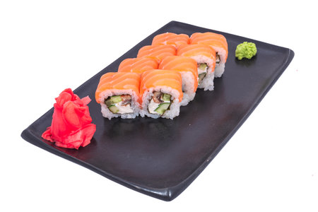 Japanese seafood Sushi roll isolated on white close up. Japanese food restaurant, sushi maki gunkan roll plate or platter set. Maki Sushi rolls with salmon and avocado. Sushi isolated at white background. flat lay. Japanese Cuisine - Sushi Roll with Shrimps and Conger, Avocado, Tobiko and Cheese. sushi rolls tempura,japanese food style ,Traditional Japanese cuisine, Crunchy Shrimp Tempura Rollの写真素材