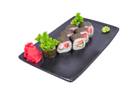 Japanese seafood Sushi roll isolated on white close up. Japanese food restaurant, sushi maki gunkan roll plate or platter set. Maki Sushi rolls with salmon and avocado. Sushi isolated at white background. flat lay. Japanese Cuisine - Sushi Roll with Shrimps and Conger, Avocado, Tobiko and Cheese. sushi rolls tempura,japanese food style ,Traditional Japanese cuisine, Crunchy Shrimp Tempura Rollの写真素材