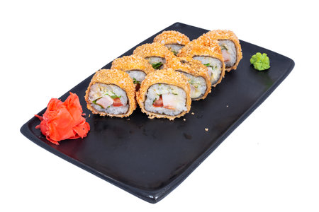 Japanese seafood Sushi roll isolated on white close up. Japanese food restaurant, sushi maki gunkan roll plate or platter set. Maki Sushi rolls with salmon and avocado. Sushi isolated at white background. flat lay. Japanese Cuisine - Sushi Roll with Shrimps and Conger, Avocado, Tobiko and Cheese. sushi rolls tempura,japanese food style ,Traditional Japanese cuisine, Crunchy Shrimp Tempura Rollの写真素材