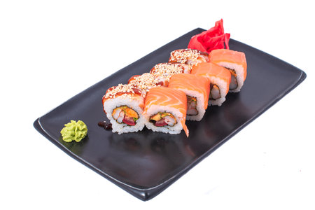 Japanese seafood Sushi roll isolated on white close up. Japanese food restaurant, sushi maki gunkan roll plate or platter set. Maki Sushi rolls with salmon and avocado. Sushi isolated at white background. flat lay. Japanese Cuisine - Sushi Roll with Shrimps and Conger, Avocado, Tobiko and Cheese. sushi rolls tempura,japanese food style ,Traditional Japanese cuisine, Crunchy Shrimp Tempura Rollの写真素材