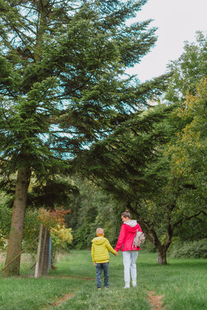 Beautiful family -Mom with small son on a walk in autumn sunny nature. Happy couple holding hands. Back view. Young mother with her little baby boy having fun in the autumn parkの写真素材