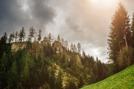Mountain landscape in the Alps. Panoramic view of beautiful mountain landscape in the Bad Rippoldsau-Schapbach in the Black Forest, area near Burgbach Wasserfall, Baden-Wurttemberg, southern Germany.の写真素材
