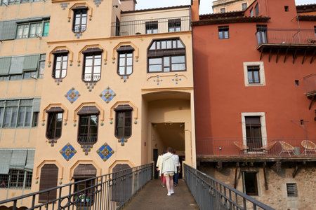View of old town Girona, Catalonia, Spain, Europe. Summer travel.の写真素材