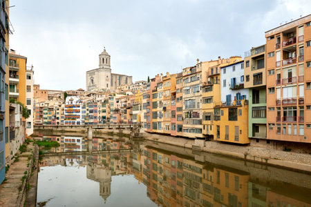 View of old town Girona, Catalonia, Spain, Europe. Summer travel.の写真素材