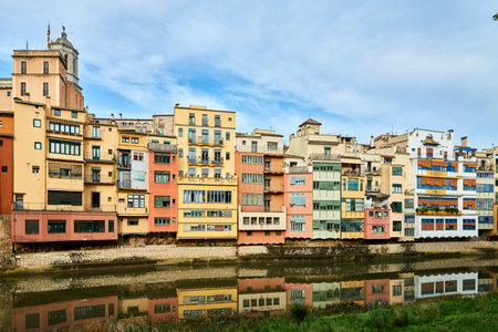 View of old town Girona, Catalonia, Spain, Europe. Summer travel.の写真素材