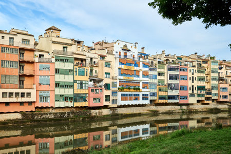 View of old town Girona, Catalonia, Spain, Europe. Summer travel.の写真素材