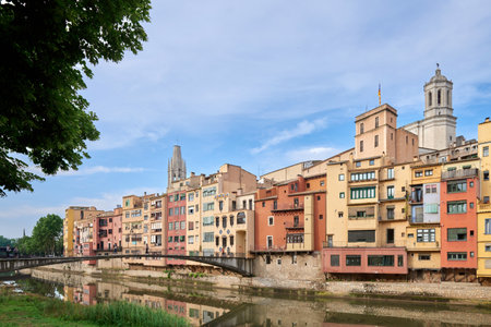 View of old town Girona, Catalonia, Spain, Europe. Summer travel.の写真素材