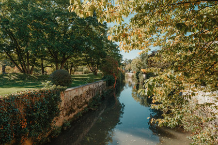 A wooden bridge in the park with and autumn colors of Bietigheim-Bissingen, Germany. Europe. Autumn landscape in nature. Autumn colors in the forest. autumn view with wooden bridge over stream in the park in autumn season.の写真素材