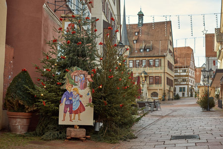 Winter Festivities in Bitigheim-Bissingen: Charming Half-Timbered Houses Adorned with Christmas Decorations. New Years atmosphere of Bitigheim-Bissingen, Baden-WÃ¼rttemberg, Germanyの写真素材