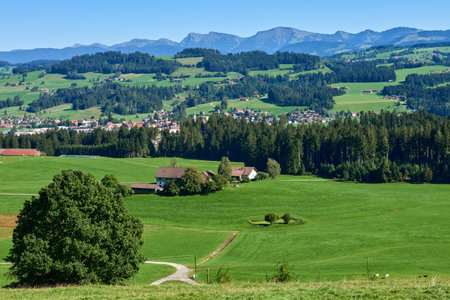 Alpine Foothills Charm: Rural Mountainside Living with Farmers Homesteads. Mountain Countryside: Farmers Dwellings, Pastures, and the Sky Above. Natures Eco-Friendly Living in the Alpine Highlands. Rural Elegance: Alpine Homesteads, Pastures, and the Skies of Conservation. Alpine Horizon: Farmers Dwellings, Green Pastures, and Environmental Harmonyの写真素材
