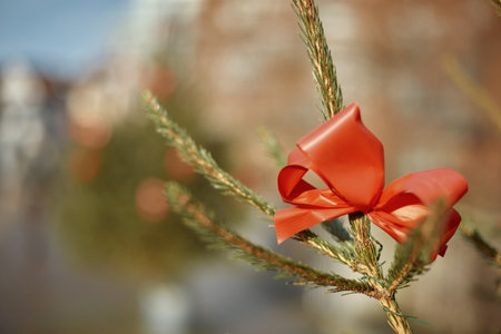 big beautiful Christmas Tree with decorations. New Year and Christmas holiday background. Festive winter city landscape.の写真素材