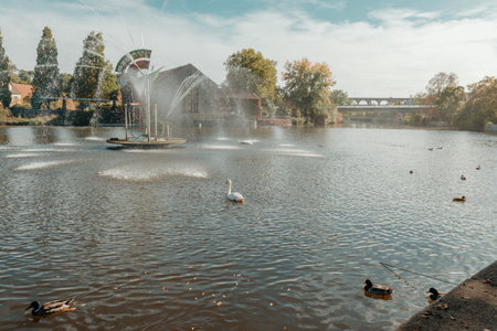 City fountain and pond with swan and ducks in Old European City Bietigheim-Bissingen In Germany. the City Park of Bietigheim-Bissingen, Baden-Wuerttemberg, Germany, Europe. Autumn Park and natureの写真素材