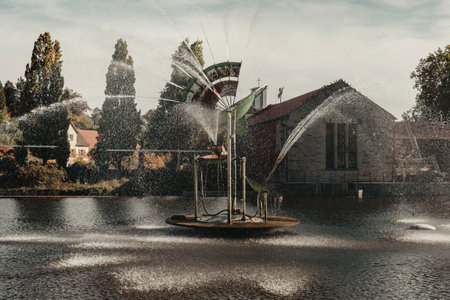 City fountain in Old European City Bietigheim-Bissingen In Germany. the City Park of Bietigheim-Bissingen, Baden-Wuerttemberg, Germany, Europe. Autumn Park and natureの写真素材