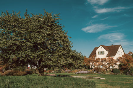 House with nice garden in fall. Flowers in the City Park of Bietigheim-Bissingen, Baden-Wuerttemberg, Germany, Europe. Autumn Park and house, nobody, bush and greneryの写真素材