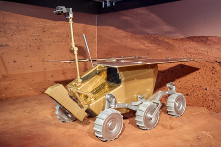 Cutting-Edge Lunar Rover Exhibit Showcases Space Exploration Technology in Modern Science Museum Interior. Interactive Mars Rover Display Captivates Visitors Inside State-of-the-Art Natural History Museum Galleryの写真素材