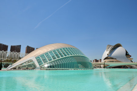 the Hemisphere and the science museum in the city of arts and sciences in Valencia Spain. Valencias City of Arts and Sciences Complex Showcasing Iconic Hemisphere and Science Museumの写真素材