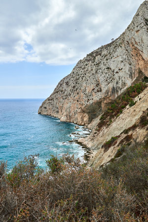 Breathtaking Coastal Vista Majestic Rocky Cliff Overlooking Azure Sea Waves Horizon Cloudless Sky Sunny Day Nature Tourism. Panoramic Seascape Rugged Cliffside Verdant Trees Turquoise Waters Rolling Waves Endless Horizon Perfect Weather Outdoor Adventureの写真素材