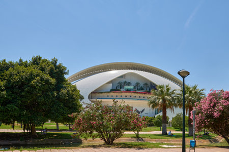 the Hemisphere and the science museum in the city of arts and sciences in Valencia Spain. Valencias City of Arts and Sciences Complex Showcasing Iconic Hemisphere and Science Museumの写真素材