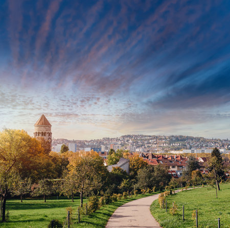 Germany, Stuttgart panorama view. Beautiful houses in autumn, Sky and nature landscape. Vineyards in Stuttgart - colorful wine growing region in the south of Germany with view over Neckar Valley. Germany, Stuttgart city panorama view above vineyards, industry, houses, streets, stadium and highway at sunset in warm orange lightの写真素材