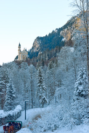 Winter European Neuschwanstein Castle capturing magical fairytale atmosphere in picturesque Bavarian landscape. Neuschwanstein Castle on snowy Bavarian mountain at sunriseの写真素材