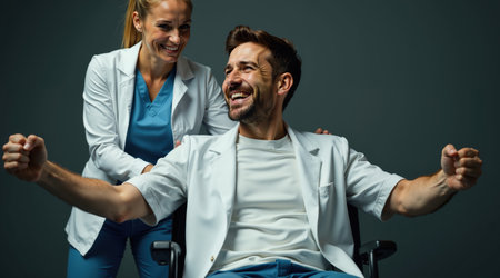 Male Doctor In Wheelchair With Medical Equipment In Modern Hospital Treatment Room During Consultation Patient Care Disability Inclusion Healthcare Professional Accessible Medicine Diversity Representation.の素材