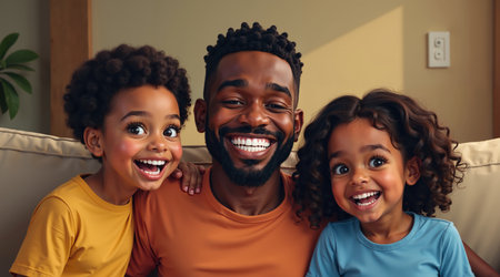 Vibrant cartoon illustration of an African American father sitting on a couch with his smiling son and daughterの素材